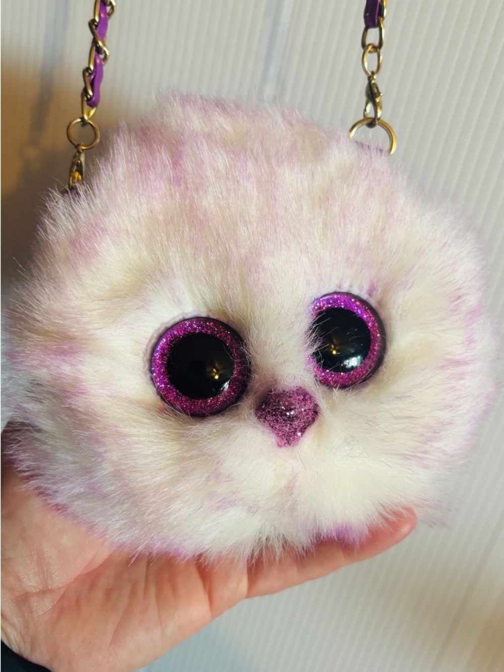 TY Plush Pink Faux Fur Crossbody Bag with Chain Strap